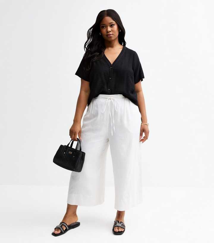 Curves White Wide Leg Woven Cropped Trousers