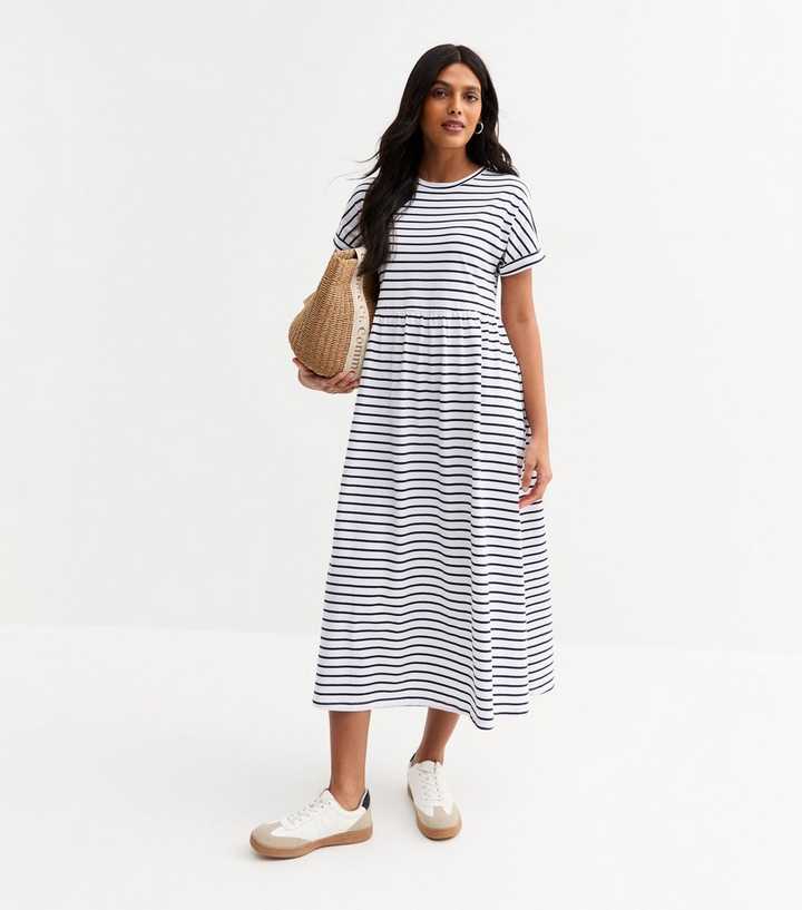 White Stripe Print Smock Midi Dress