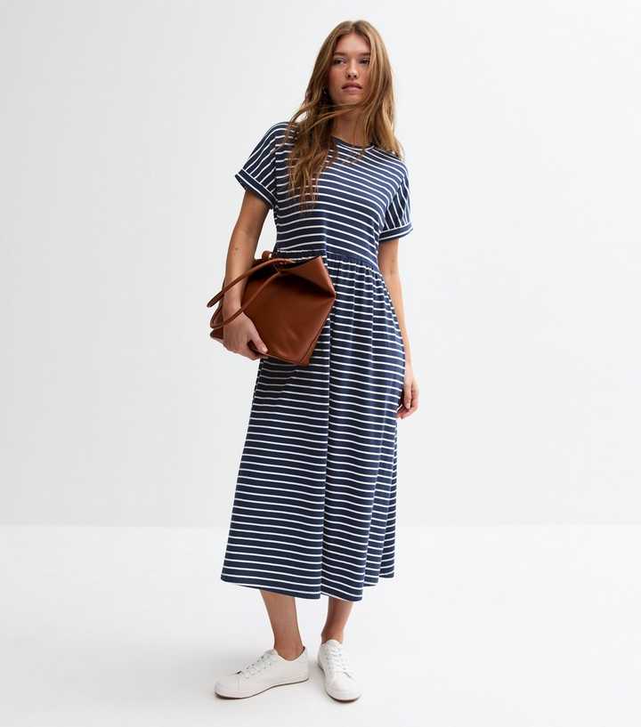 Blue Stripe Print Smock Midi Dress