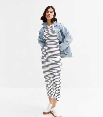 White Striped Rib Jersey Midi Dress