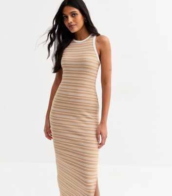 Brown Striped Rib Jersey Midi Dress