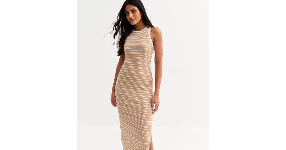 Women Brown Rib Contrast Binding Back Slit Midi Dress