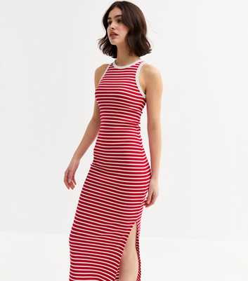 Red Striped Rib Jersey Midi Dress