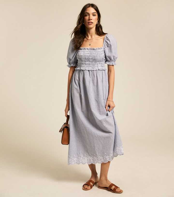 Blue Lightweight Striped Puff Sleeve Midi Dress