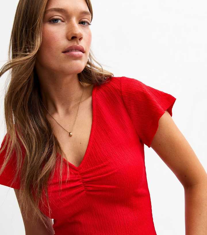 Red Ruched Crinkled Top