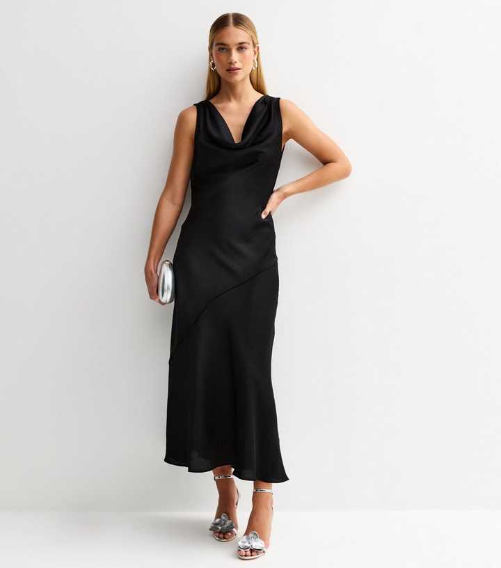 Black Satin Cowl Neck Midaxi Dress