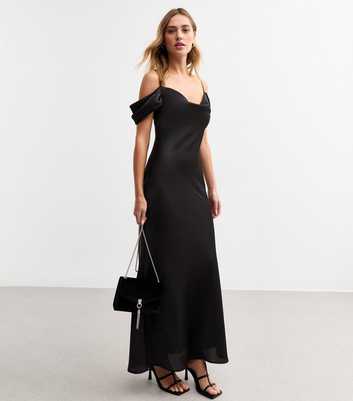 Black Satin Bardot Midi Dress