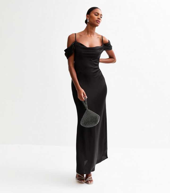Black Satin Bardot Midi Dress