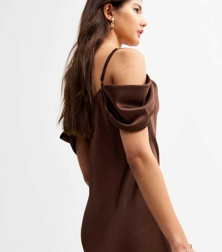 Dark Brown Satin Bardot Midaxi Dress | New Look