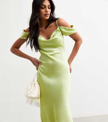 Light Green Satin Bardot Midaxi Dress