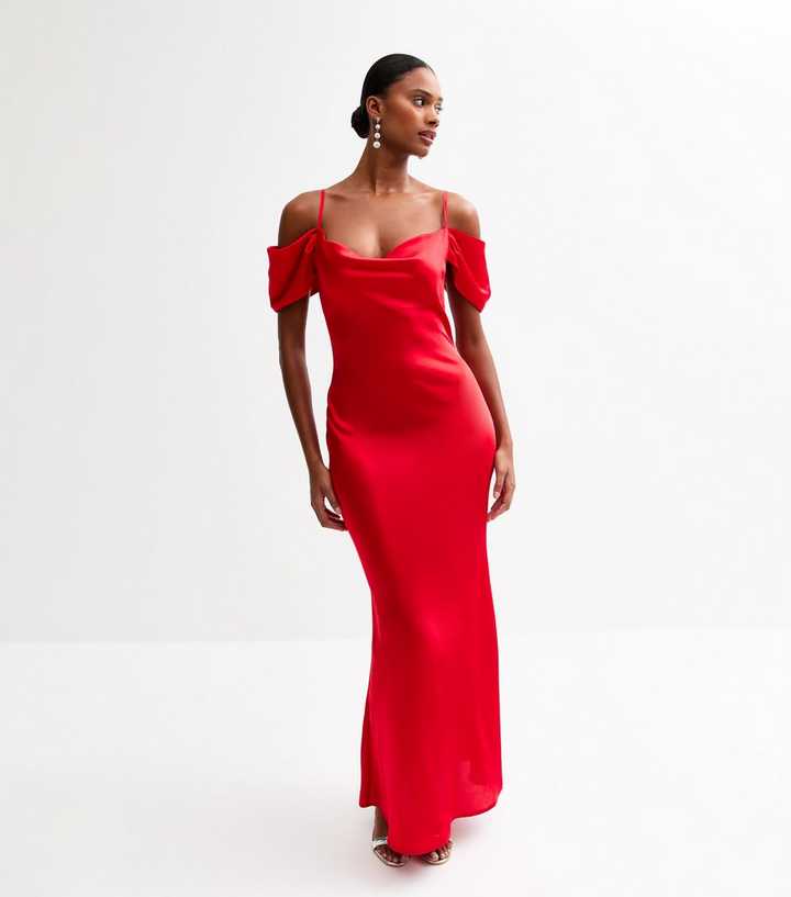 Red Satin Bardot Midi Dress