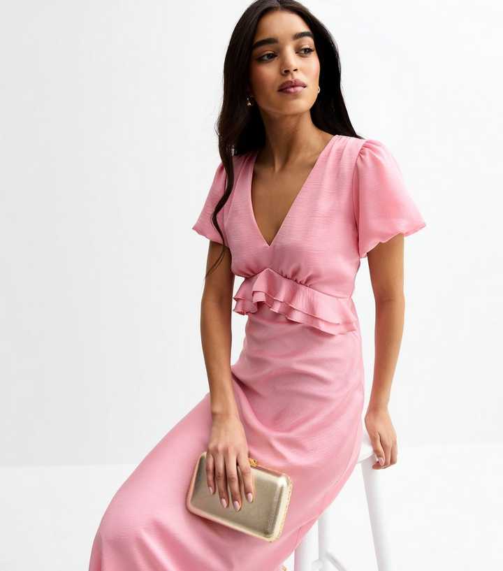 Pink V-Neck Satin Ruffled Midi Dress