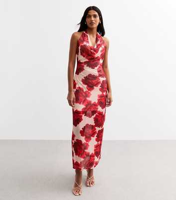 Red Rose Print Halterneck Mesh Midi Dress