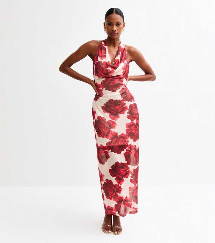 Red Rose Print Halterneck Mesh Midi Dress
