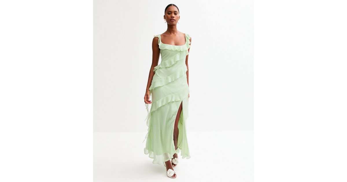 Long Green Slit Dress with Asymmetric Neckline