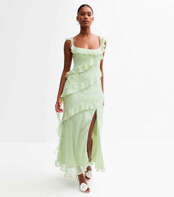 Light Green Asymmetric Ruffled Slit Hem Chiffon Midi Dress