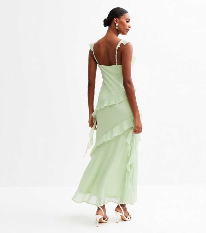 Light Green Asymmetric Ruffled Slit Hem Chiffon Midi Dress | New Look