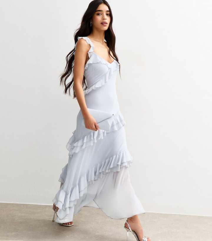 princess polly baby blue dress Light Blue Asymmetric Ruffle Trim Chiffon Midi Dress