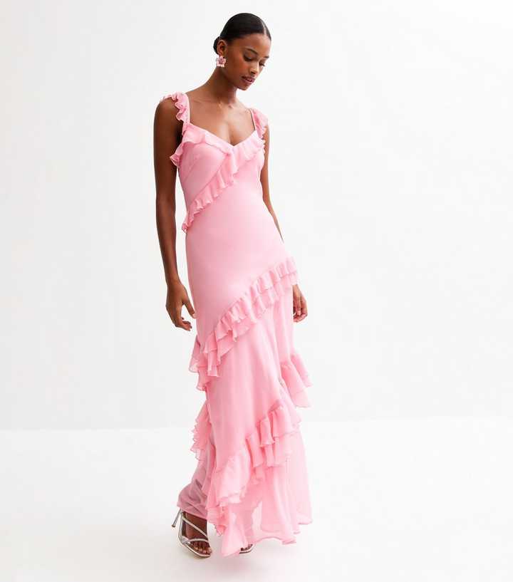Pink Asymmetric Ruffle Trim Midi Dress
