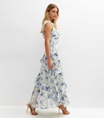 Blue Floral Print Ruffle Trim Midi Dress