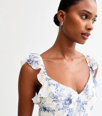 Blue Floral Print Ruffle Trim Midi Dress | New Look
