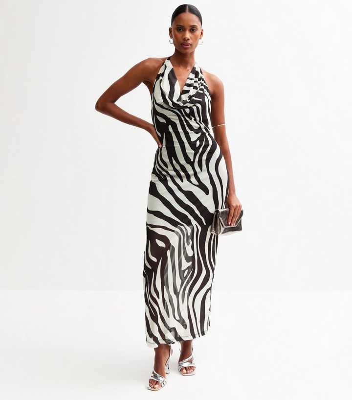 Black Zebra Print Halterneck Mesh Midi Dress | New Look