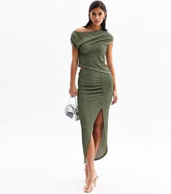 Khaki Textured Slit Hem Midi Skirt