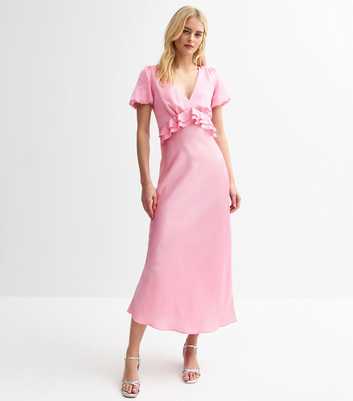 Tall Light Pink Satin Empire Line Ruffle Trim Midi Dress
