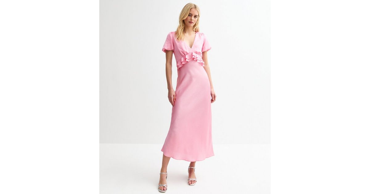 Tall Light Pink Satin Empire Line Ruffle Trim Midi Dress | New Look