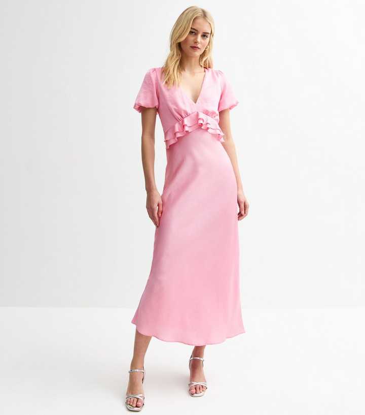 Tall Light Pink Satin Empire Line Ruffle Trim Midi Dress
