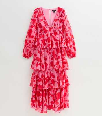 Tall Pink Floral Print Ruffle Trim Midi Dress