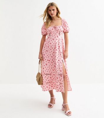 Petite Pink Floral Print Milkmaid Midi Dress | New Look