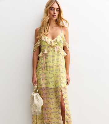 Yellow Floral Print Jacquard Midi Dress