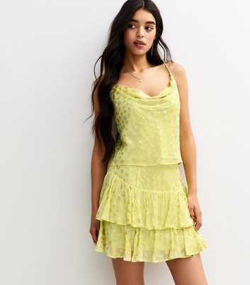 Bright Yellow Metallic Jacquard Ruffle Mini Skirt