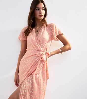 Pink Jacquard Wrap Midi Dress