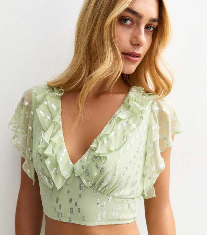 Light Green Metallic Jacquard Chiffon Crop Top