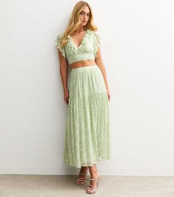 Light Green Metallic Jacquard Chiffon Tiered Midi Skirt