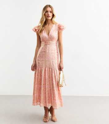 Pink Jacquard Frill Sleeve Empire Line Midi Dress
