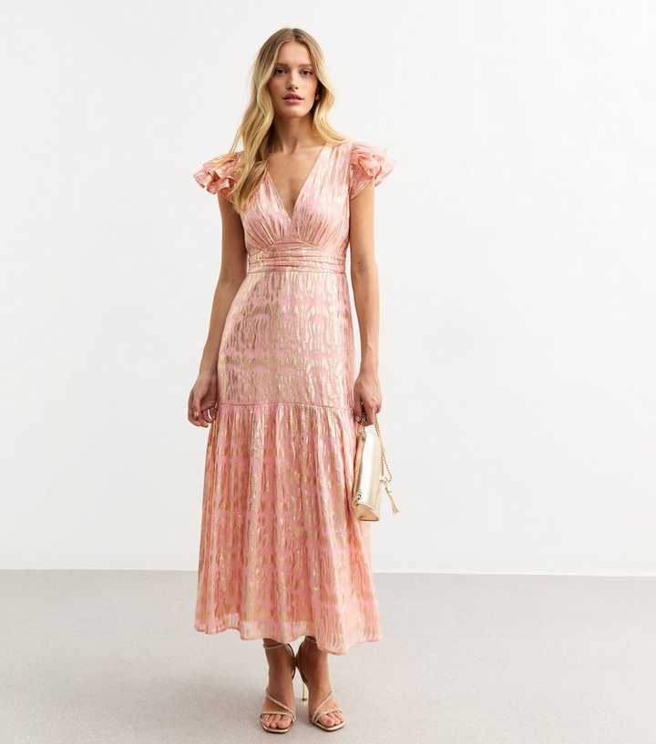 Pink Jacquard Frill Sleeve Empire Line Midi Dress
