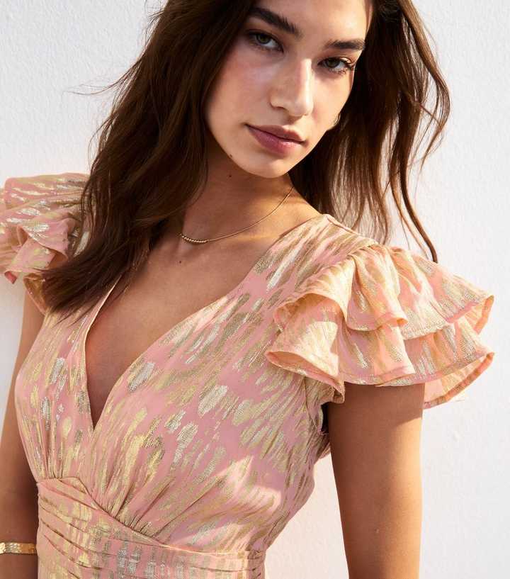 Pink Jacquard Frill Sleeve Empire Line Midi Dress | New Look