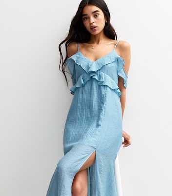 Blue Textured Cold Shoulder Frill Trim Midi Dress
