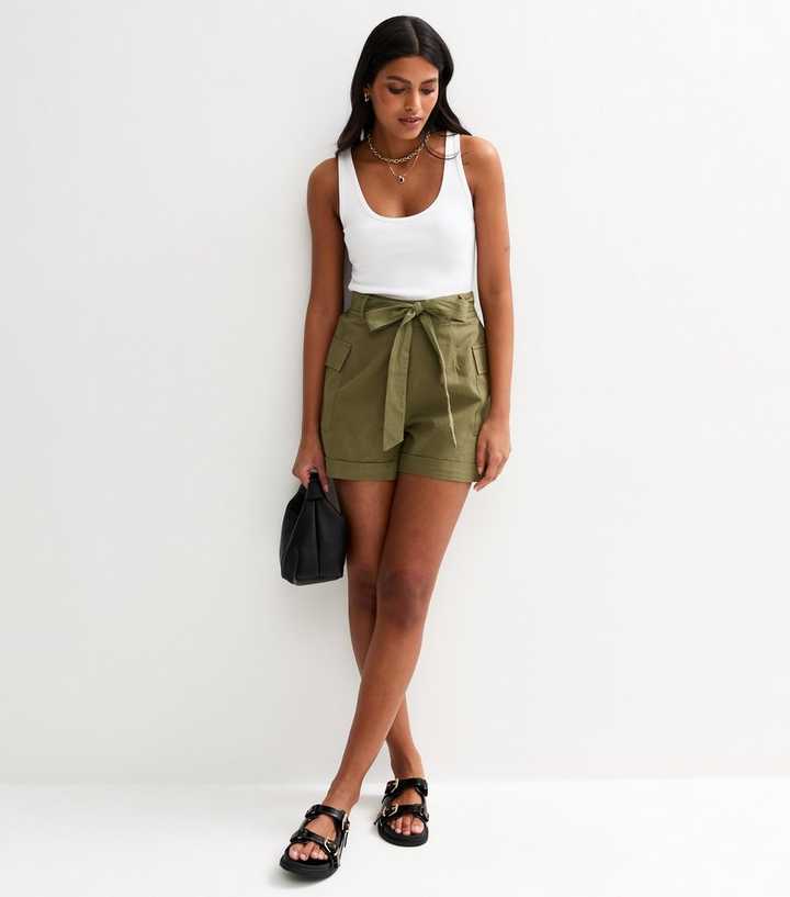 Khaki Tie Waist Utility Shorts