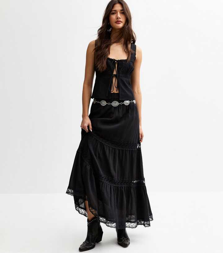 Black Lace Tiered Maxi Skirt