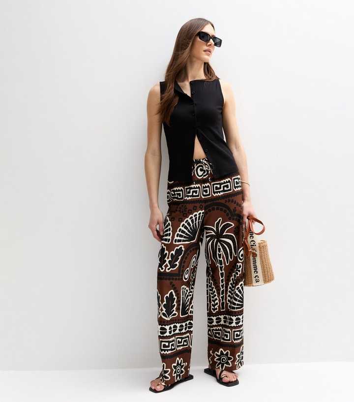 Brown Palm Tree Print Wide Leg Trousers New Look