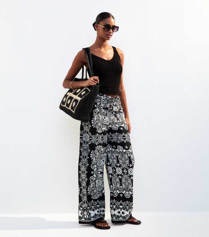 Black Crepe Tile Print Wide Leg Trousers