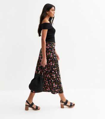 Black Floral Print Bias Cut Midi Skirt