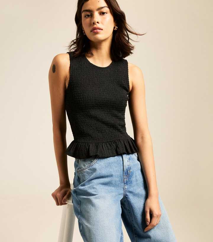 Black Shirred Peplum Hem Top