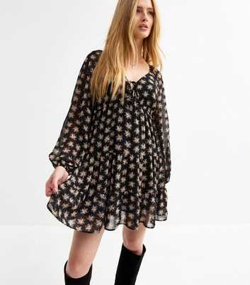 Black Floral Print Chiffon Smock Mini Dress