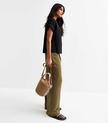 Dark Khaki Pleated Front Wide Leg Trousers