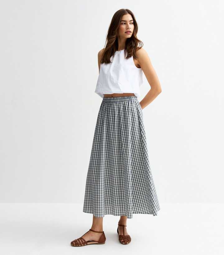 Blue Gingham Print Circle Midi Skirt